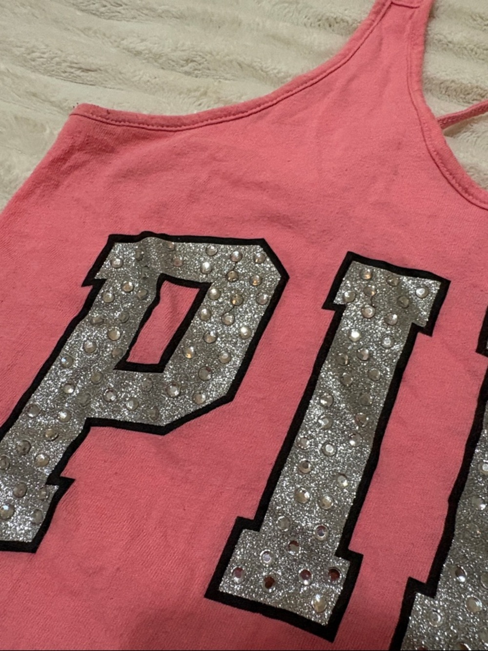 PINK Victoria's Secret Hot Pink Strappy Tank with Silver Glitter Logo - Picture 3 of 4